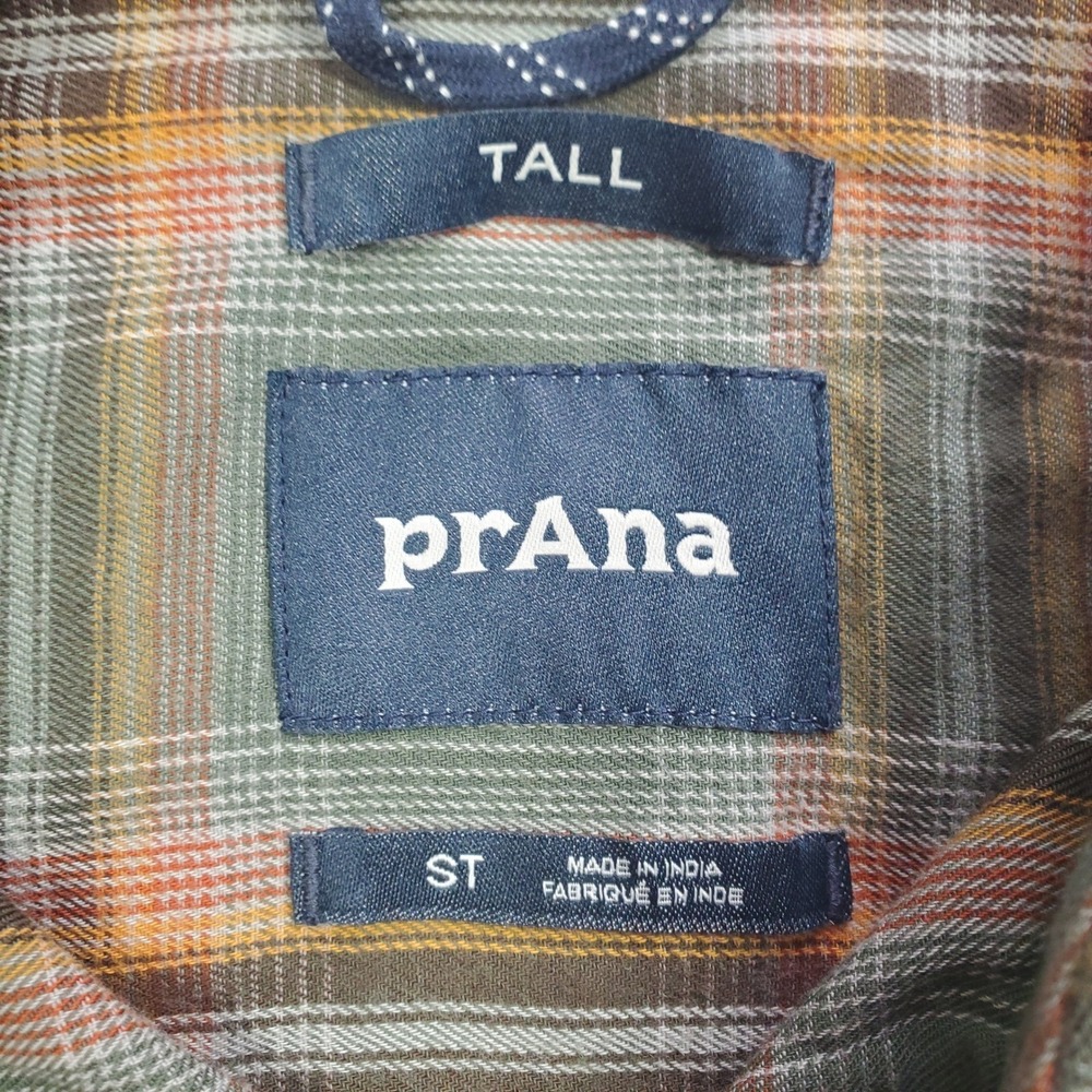 Prana Dolberg Flannel Shirt Mens Small Tall Kale Green Plaid Organic Cotton New - Picture 5 of 11
